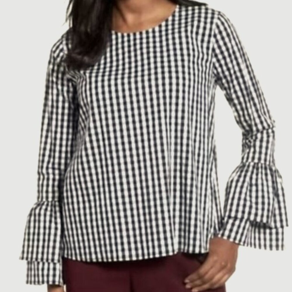 Halogen	| Gingham Black & White Long Bell Sleeves Poplin Top Stretchy | Size XS